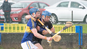 <p>Sarsfields' Conor O'Sullivan battles with Patrick Walsh of Carrigtwohill during Sunday's RedFM Hurling League game in Carrigtwohill. Picture: Howard Crowdy</p> <p>Sarsfields' Conor O'Sullivan battles with Patrick Walsh of Carrigtwohill during Sunday's RedFM Hurling League game in Carrigtwohill. Picture: Howard Crowdy</p>