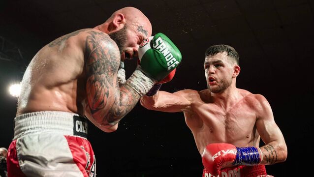 <p>Cathal Crowley in action against Adam Cieslax on the Siam Warriors Promotions Card at the Parochial Hall, Cork. </p>