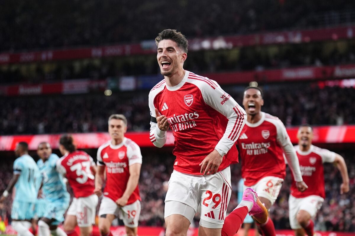 Arsenal's Kai Havertz celebrates scoring their side's first goal during the Premier League match at the Emirates Stadium, London. Picture date: Monday May 18, 2026. PA Photo. Photo credit should read: John Walton/PA Wire.