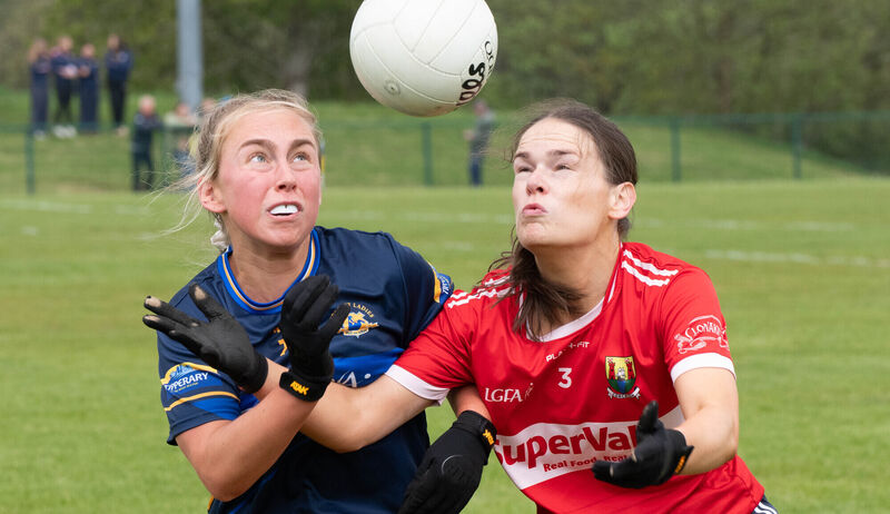 Cork's Emma Cooney tussles for possession with Tipperary's Leah Heffernan during their Munster LGFA Senior B Championship match at Carrigaline. Emma will be hoping to captain Cork to Munster success on Sunday. Picture: Howard Crowdy