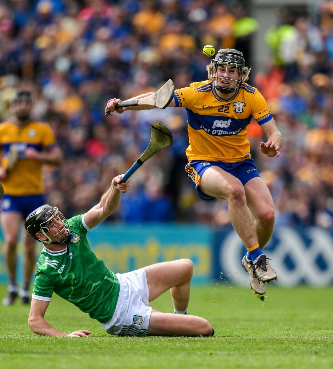 Diarmuid Stritch of Clare jumps over Diarmaid Byrnes of Limerick. Picture: Brendan Moran/Sportsfile Diarmuid Stritch of Clare jumps over Diarmaid Byrnes of Limerick. Picture: Brendan Moran/Sportsfile