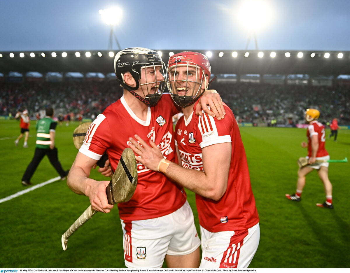 Brian Hayes celebrates with Ger Mellerick after Cork's win over Limerick in the Munster SHC at SuperValu Páirc Uí Chaoimh in 2024. Picture: Daire Brennan/Sportsfile