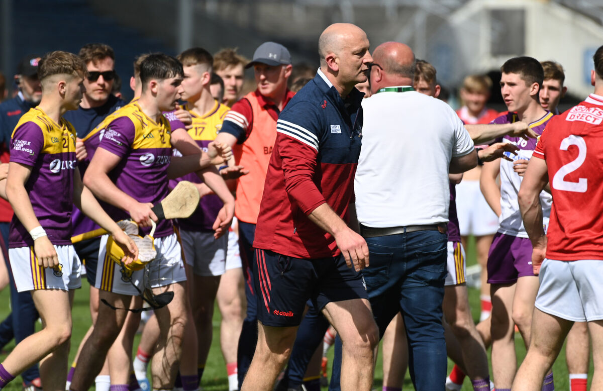 Cork manager Donal Mulcahy (navy cap) calms tensions following the final whistle. Picture: Eddie O'Hare Cork manager Donal Mulcahy (navy cap) calms tensions following the final whistle. Picture: Eddie O'Hare