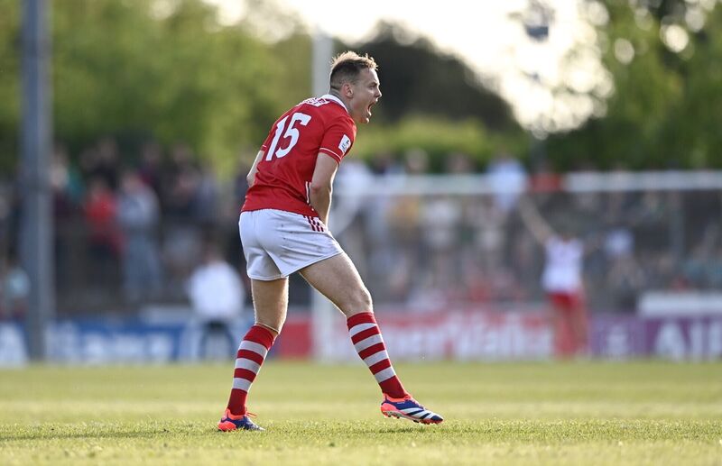 Steven Sherlock of Cork celebrates kicking a two-point score against Meath. Picture: Ben McShane/Sportsfile Steven Sherlock of Cork celebrates kicking a two-point score against Meath. Picture: Ben McShane/Sportsfile