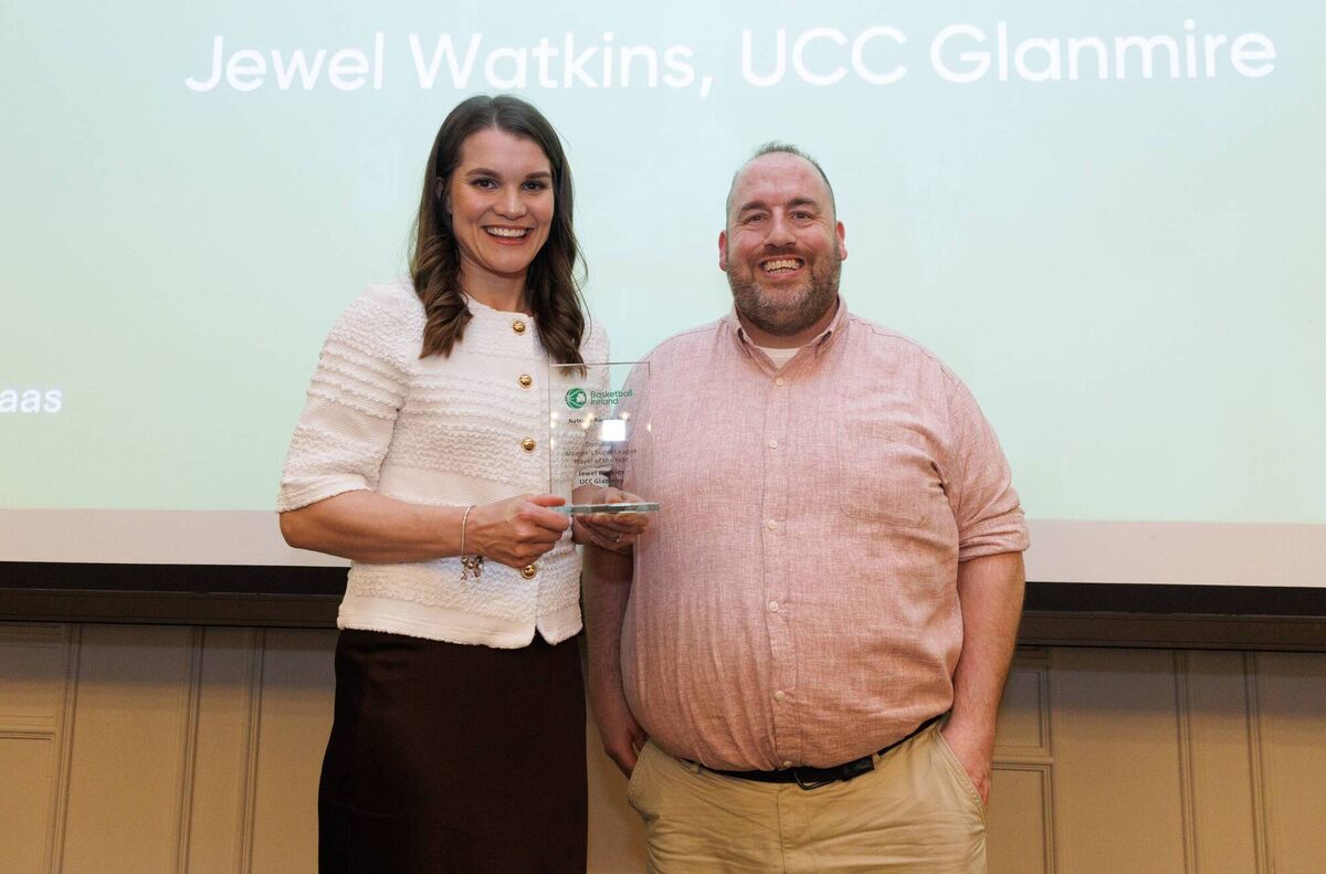 Claire O'Sullivan of UCC Glanmire accepting the Domino's Women’s Super League Player of the Year award on behalf of teammate Jewel Watkins at the 2026 Basketball Ireland Annual Awards at the Osprey Hotel, Naas, presented by Mark Grennell Mandatory Credit ©INPHO/Tom Maher