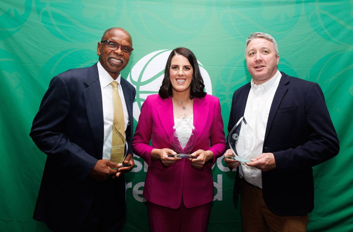 Basketball Ireland Hall of Fame award winners Jerome Westbrooks, Michelle Fahy and Shane Coughlan pictured at the 2026 Basketball Ireland Annual Awards at the Osprey Hotel, Naas. Mandatory Credit ©INPHO/Tom Maher