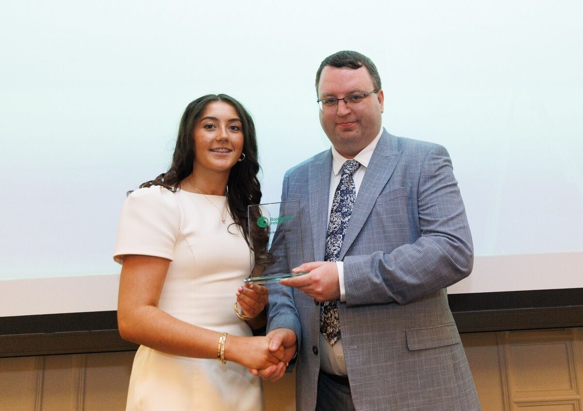 Abbie Lyons of Brunell pictured receiving the U20 Female Player of the Year award at the 2026 Basketball Ireland Annual Awards at the Osprey Hotel, Naas, presented by Executive Member of the National Area Board Committee Jason Thornton 