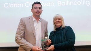 <p>Ciaran O'Sullivan of Ballincollig pictured receiving the Domino's Men's Super League Coach of the Year award at the 2026 Basketball Ireland Annual Awards at the Osprey Hotel, Naas by Breda Dick Mandatory Credit ©INPHO/Tom Maher</p>