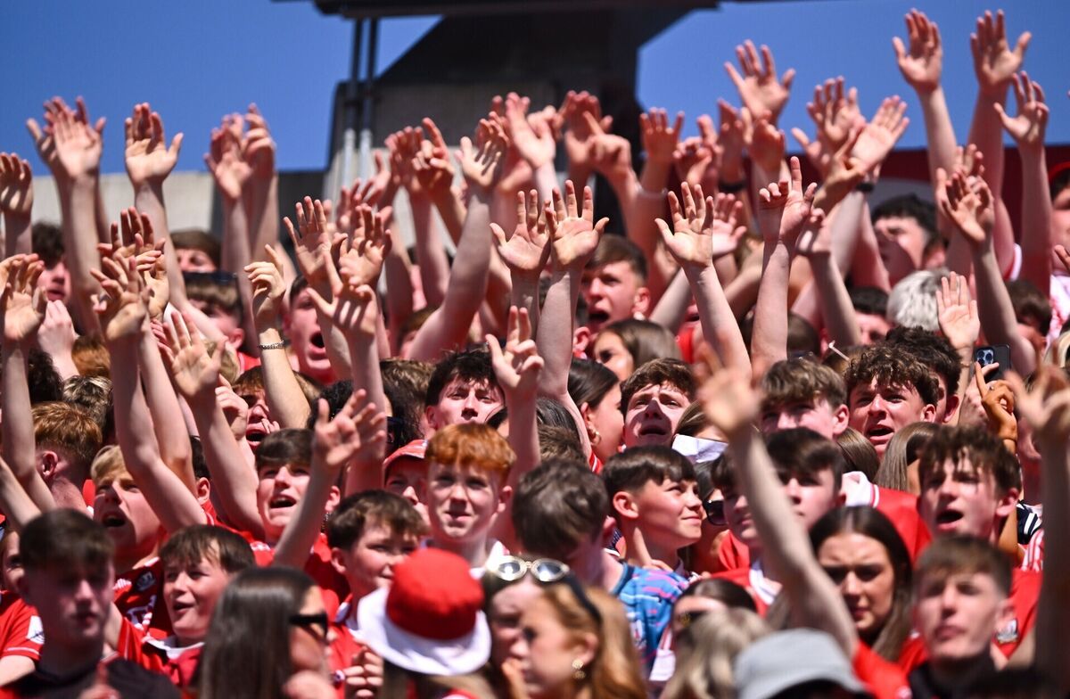 Cork supporters in full voice on the Blackrock Terrace on Sunday. Picture: Piaras Ó Mídheach/Sportsfile