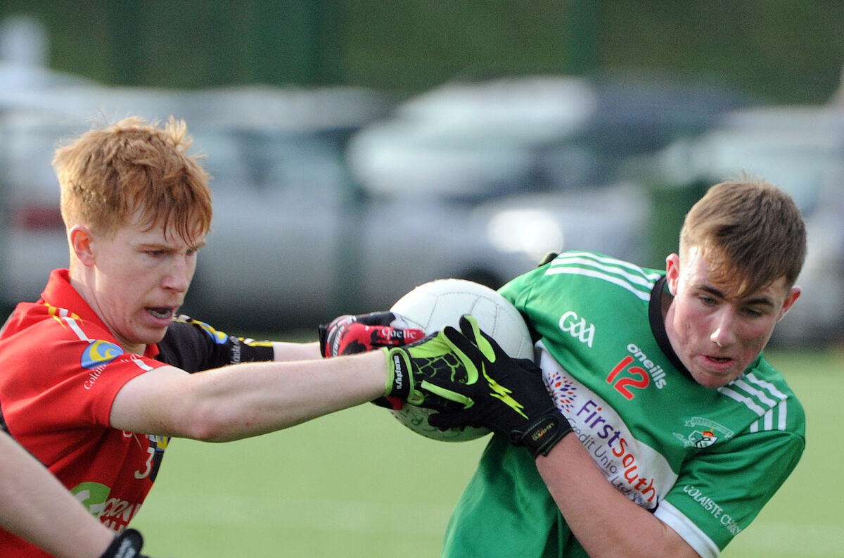 Coachford College's Tadhg Lyons and Coláiste Chríost Rí's James Traynor in a tussle for the ball in the Corn Uí Mhuirí in 2023. Picture: Denis Minihane