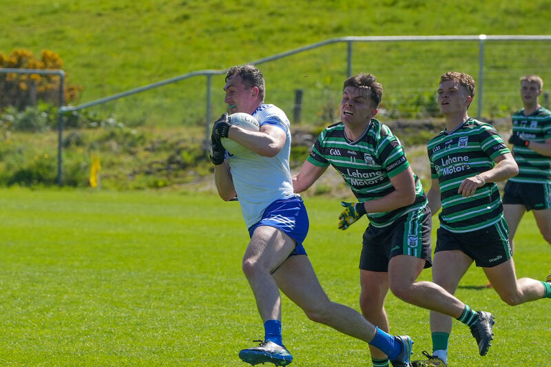 Cill na Martra's Seán Ó Fóirréidh pushes past Brendan Powter of Douglas. Picture: Noel Sweeney Cill na Martra's Seán Ó Fóirréidh pushes past Brendan Powter of Douglas. Picture: Noel Sweeney