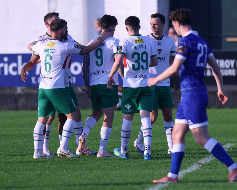 Ruairí Keating celebrates scoring the penalty against Treaty United. Picture: Brendan Gleeson Ruairí Keating celebrates scoring the penalty against Treaty United. Picture: Brendan Gleeson