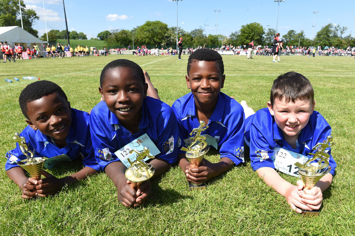 Cork Primary School Sports; Luthchleasa Bhunscoileanna Chorcai at Cork Institute of Technology (CIT). Jaden Umeh, Samuel Bamidele, Franco Umeh and Rian O'Riordan of Scoil Ursula, Blackrock show off their trophies. Cork Primary School Sports; Luthchleasa Bhunscoileanna Chorcai at Cork Institute of Technology (CIT). Jaden Umeh, Samuel Bamidele, Franco Umeh and Rian O'Riordan of Scoil Ursula, Blackrock show off their trophies.