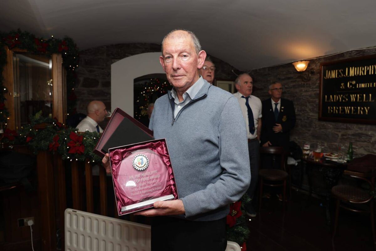 Former League of Ireland referee Mr Sean Manley after receiving his Pat McAuliffe Hall of Fame Award at the Kiln at Heineken Brewery recently.