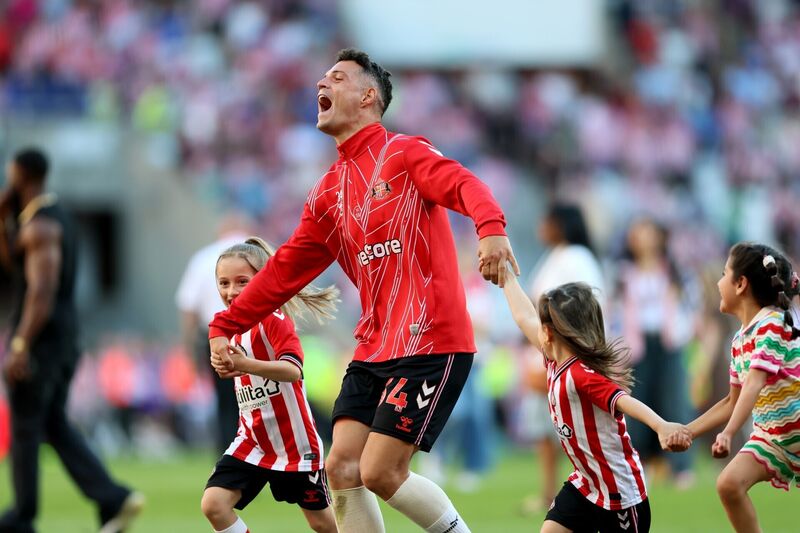 Sunderland's Granit Xhaka after the Premier League match at the Stadium of Light, after beating Chelsea to secure Europa League football. Picture: Richard Sellers/PA Wire. Sunderland's Granit Xhaka after the Premier League match at the Stadium of Light, after beating Chelsea to secure Europa League football. Picture: Richard Sellers/PA Wire.