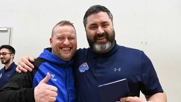 <p>UCC Demons coach Daniel O'Mahony and assistant Stuart Rodgers celebrate the win over Energywise Ireland Neptune during the Men's Super League quarter final replay at the Mardyke Arena. Picture: Eddie O'Hare</p>