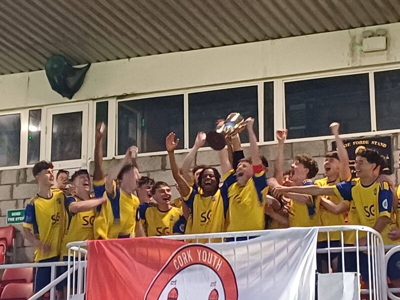The victorious Douglas Hall side with the U18 Murphy Cup after they beat Carrigaline United at the Munster FA Turner’s Cross The victorious Douglas Hall side with the U18 Murphy Cup after they beat Carrigaline United at the Munster FA Turner’s Cross