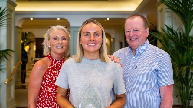 <p>Emma Cleary, April winner of The Echo Women in Sport Award, with her parents Helga and John, at the presentation ceremony at The Metropole Hotel. The Cork ladies football captain will lead her side out against Antrim in the first round of the TG4 All-Ireland championship on Sunday, June 7. Picture Chani Anderson</p>