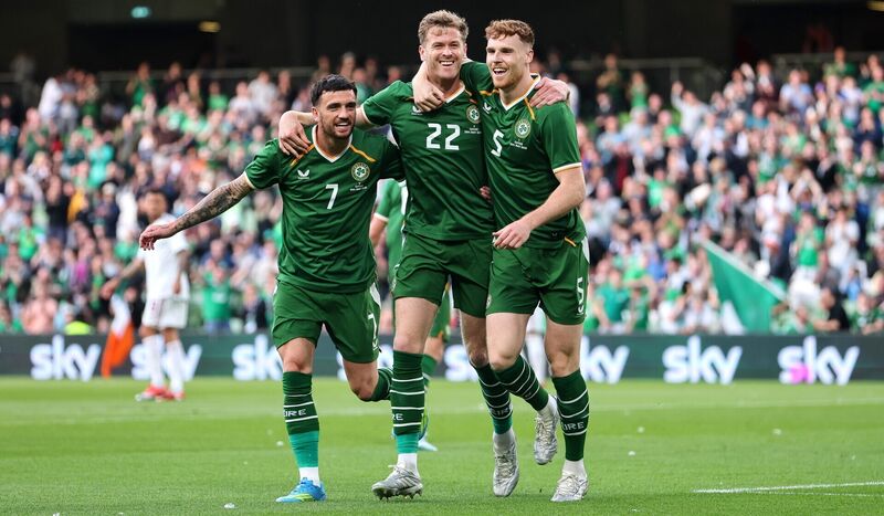 Ireland’s Nathan Collins celebrates scoring his side's first goal with Troy Parrott and Jake O'Brien Ireland’s Nathan Collins celebrates scoring his side's first goal with Troy Parrott and Jake O'Brien