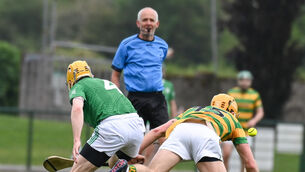 <p> Referee Cathal McAllister looks on as Blackrock's Michael O'Halloran Killeagh's Seán Long battle for possession during Thursday's RedFM Hurling League Division 1 game at Páirc Uí Chinnéide in Killeagh. Picture: David Keane</p>