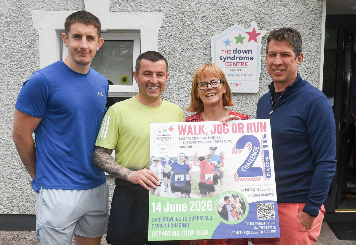 Cathy Halpin, chairperson of the Down Syndrome Centre Cork, along with marathon runners Wayne Murphy, Philip Hayes and Ian Hegarty, at the launch of 21k challenge in aid of the Down Syndrome Centre, Cork. The event takes place on June 14.