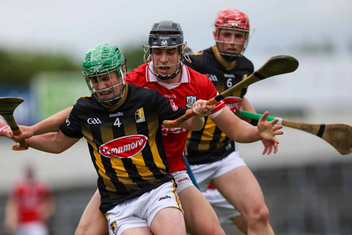 Action from Cork's win over Kilkenny at Semple Stadium at Seán Riordan battles for possession. Picture: Diarmuid Brennan/Sportsfocus.