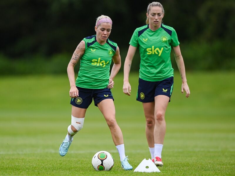 Denise O’Sullivan and Megan Connolly during a Republic of Ireland women's training session at Fota Island Resort in Cork. Photo by Stephen McCarthy/Sportsfile