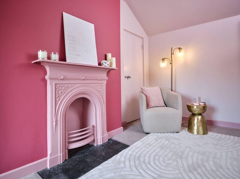 Potters Pink on walls, DH Blossom on fireplace and Fitzrovia Red on feature wall. Potters Pink on walls, DH Blossom on fireplace and Fitzrovia Red on feature wall.