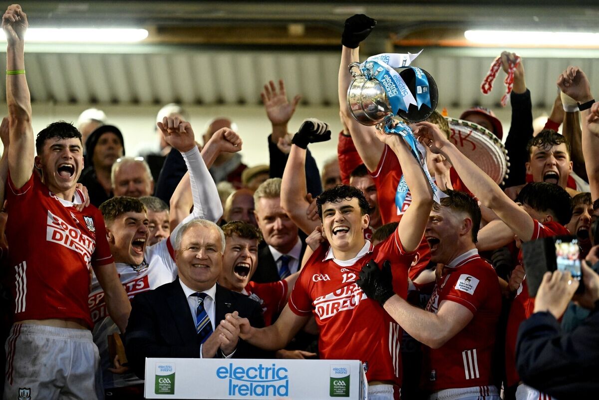 Cork captain Joe Miskella lifts the cup after beating Kerry. Picture: Brendan Moran/Sportsfile