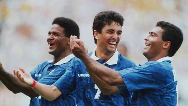 <p>Brazilians Mazinho, Bebeto, and Romario at the 1994 World Cup</p>
