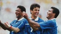 Mazinho, Bebeto and Romario of Brazil celebrate