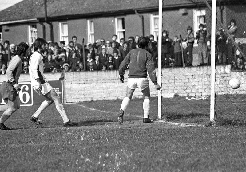 Soccer at Turners Cross. Bobby Tambling scores the third goal for Cork Celtic against St Pat's in 1974 Soccer at Turners Cross. Bobby Tambling scores the third goal for Cork Celtic against St Pat's in 1974