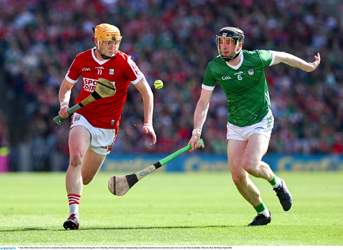 Shane Barrett of Cork is tackled by Declan Hannon of Limerick during the 2024 All-Ireland SHC semi-final at Croke Park - the beginning of the run of 12 straight championship sell-outs for the Cork hurlers. Picture: Ray McManus/Sportsfile