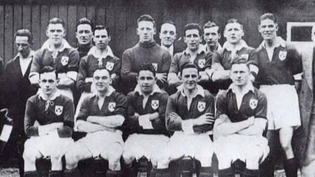 <p>The first Irish team to play a World Cup game in 1934, which featured four Cork men - back, Miah Lynch, left, goalkeeper Jim ‘Fox’ Foley, third from left, and Tom Burke, fourth from left, and, front, Timothy Joe O’Keeffe, second from right</p>