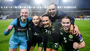 <p>Courtney Brosnan, Hayley Nolan, Saoirse Noonan, Jamie Finn, and Aoife Mannion celebrate at SuperValu Páirc Uí Chaoimh. Picture: Stephen McCarthy/Sportsfile</p>