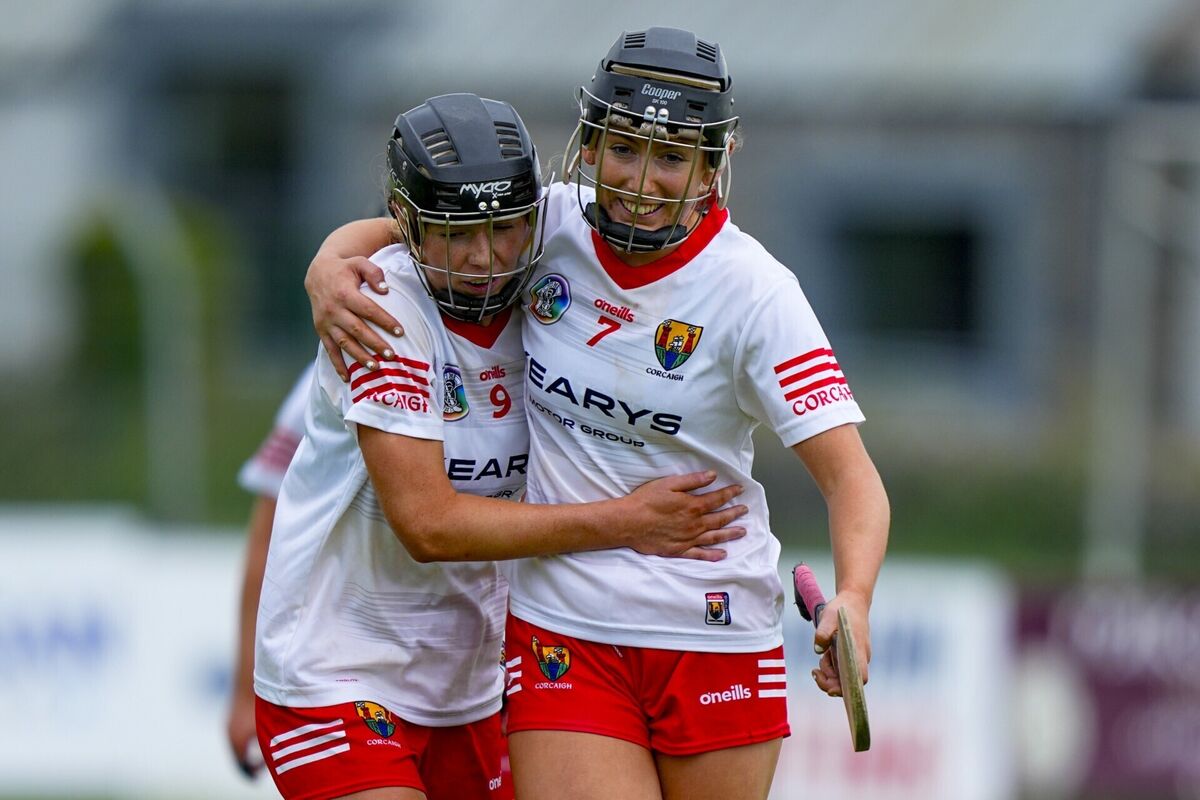 Laura Hayes and Isobel Sheehan celebrate after Cork's win over Galway. Picture: INPHO/James Lawlor