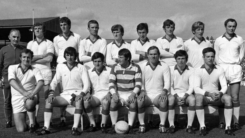 23 September 1973; The Cork team. Back row, from left, Donie O'Donovan, team coach, Denis Long, Ray Cummins, Jimmy Barry Murphy, John Coleman, Dave McCarthy, Declan Barron, Ned Kirby and Denis Coughlan. Front, from left, Jim Barrett, Con Hartnett, Kevin Jer O'Sullivan, Billy Morgan, captain, Frank Cogan, Brian Murphy, Humphrey Kelleher. All-Ireland Senior Football Championship Final, Cork v Galway, Croke Park, Dublin. Picture credit; Connolly Collection / SPORTSFILE 23 September 1973; The Cork team. Back row, from left, Donie O'Donovan, team coach, Denis Long, Ray Cummins, Jimmy Barry Murphy, John Coleman, Dave McCarthy, Declan Barron, Ned Kirby and Denis Coughlan. Front, from left, Jim Barrett, Con Hartnett, Kevin Jer O'Sullivan, Billy Morgan, captain, Frank Cogan, Brian Murphy, Humphrey Kelleher. All-Ireland Senior Football Championship Final, Cork v Galway, Croke Park, Dublin. Picture credit; Connolly Collection / SPORTSFILE