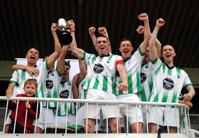 Waterloo players celebrate after winning the County Cup following their 4-2 victory over Belmount Celtic. Waterloo players celebrate after winning the County Cup following their 4-2 victory over Belmount Celtic.