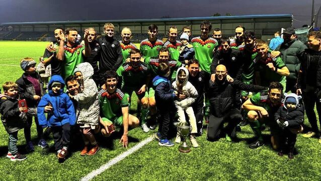 <p>Business League: Abbey Business celebrate last season Frank Linehan Cup success at St Colman’s Park. Picture: Finbarr Buckley </p>