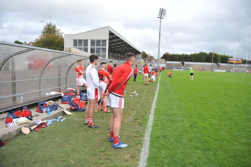  Anxious moments on the sideline on the Mayfield dugout against Aghabullogue. Picture: Larry Cummins