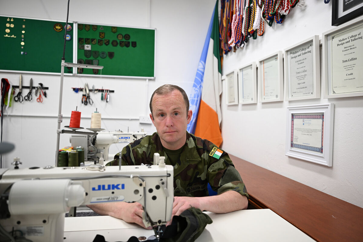 Private Tommy Collins in the role of tailor at Collins Barracks. Private Tommy Collins in the role of tailor at Collins Barracks.