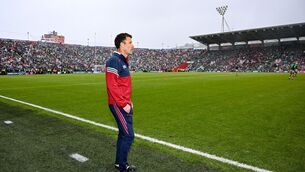 <p>Cork manager Ben O'Connor near the end of Sunday's Munster SHC final against Limerick at SuperValu Páirc Uí Chaoimh. Picture: Ray McManus/Sportsfile</p>