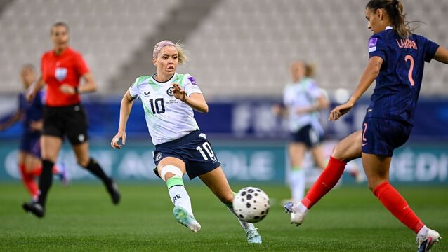 <p>Maelle Lakrar of France in action against Denise O'Sullivan of Republic of Ireland during the 2027 FIFA Women’s World Cup Qualifier match between France and Republic of Ireland at Stade des Alpes in Grenoble, France. Photo by Stephen McCarthy/Sportsfile</p>
