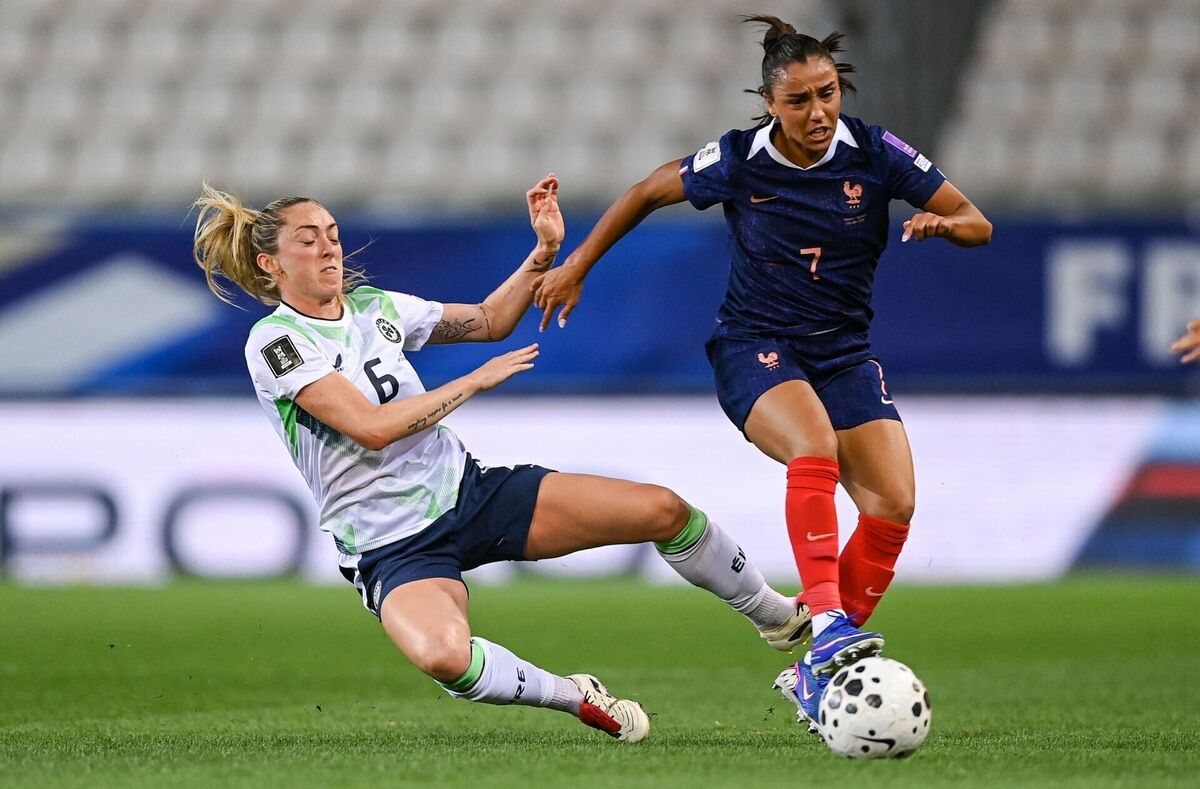 Megan Connolly of Republic of Ireland in action against Sakina Karchaoui of France during the 2027 FIFA Women’s World Cup Qualifier match between France and Republic of Ireland at Stade des Alpes in Grenoble, France. Photo by Stephen McCarthy/Sportsfile