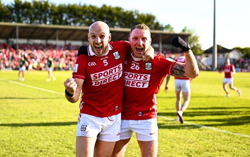 Cork duo Brian O'Driscoll and Brian Hurley take in the delirium of their thrilling All-Ireland SFC win over Meath at Páirc Uí Rinn recently. Picture: Ben McShane/Sportsfile