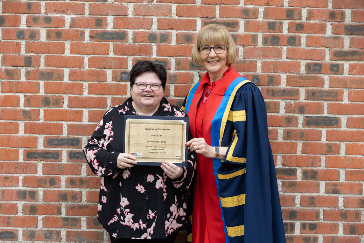 President of MTU Prof Maggie Cusack with graduate Fionnuala Clarke, Blackpool who is supported by Cope Foundation at the MTU Cope Advocacy Graduation Ceremony in the Bishopstown Campus. 