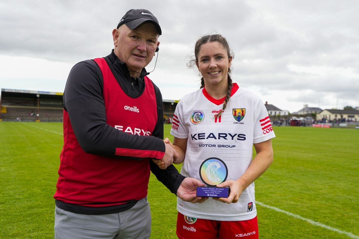Cork manager, Ger Manley, presents Saoirse McCarthey with her player of the game award after their win over Galway. McCarthy will be a key player again this weekend for the Rebels. Picture: NPHO/James Lawlor