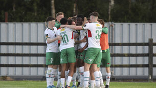 <p>Ruairí Keating and teammates celebrate Cork City's first goal in their win over Wexford Picture: Patrick Browne</p>