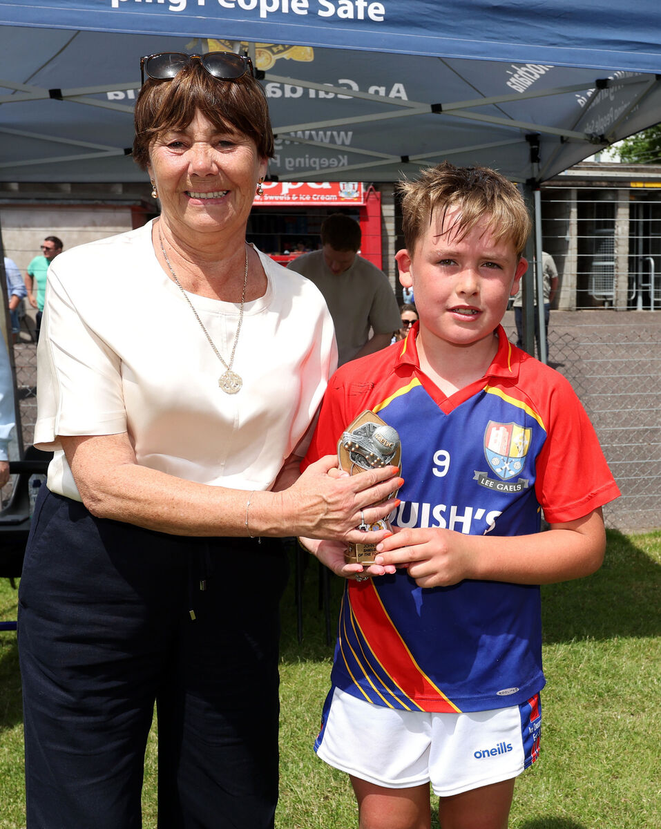 John Kerins Memorial Shield Final: Lee Gaels V's Brian Dillon's: Ann Kerins, presents the Shield Competition MVP trophy to Ciaran O'Riordan, Lee Gaels. John Kerins Memorial Shield Final: Lee Gaels V's Brian Dillon's: Ann Kerins, presents the Shield Competition MVP trophy to Ciaran O'Riordan, Lee Gaels.