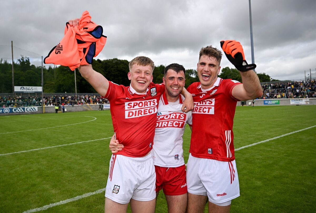 Dara Sheedy, left, Patrick Doyle, centre, and Ian Maguire of Cork celebrate after beating Donegal. Picture: Ramsey Cardy/Sportsfile